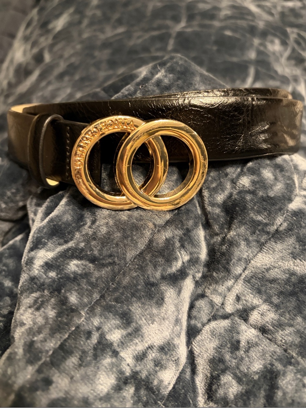 Vince Camuto Black Leather Belt with Double Gold Ring Buckle
